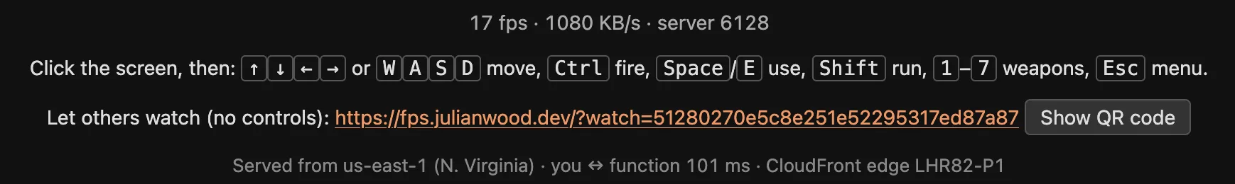 The status bar under the game: frame rate, bandwidth, serving environment, controls, the watch link with a QR code button, Region, latency and CloudFront edge